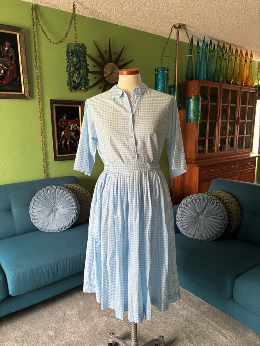 Vintage Light Blue Gingham Shirtwaist Dress